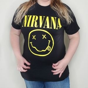 NWT. Nirvana Black Signature Smile Face Graphic Te
